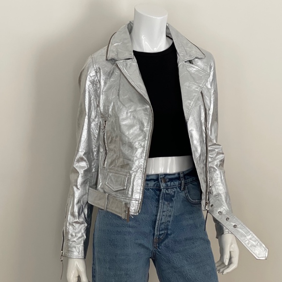 BANO EEMEE Metallic Moto Leather Jacket in Silver - Picture 4 of 13